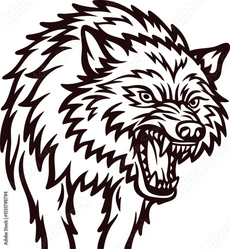 fierce snarling wolf head illustration with sharp teeth and bristling fur in bold hand drawn tattoo