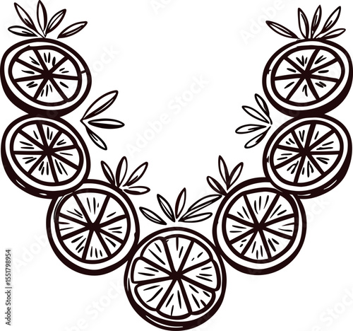 Hand drawn citrus fruit slice wreath with leaves in vintage botanical engraving illustration