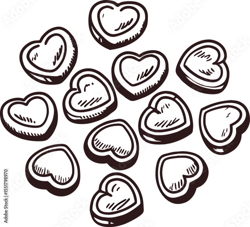 Hand drawn heart shaped candies illustration with vintage sketch on white background