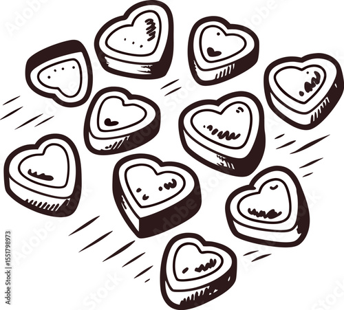 Hand drawn heart shaped candies scattered vintage black ink sketch illustration isolated on white background