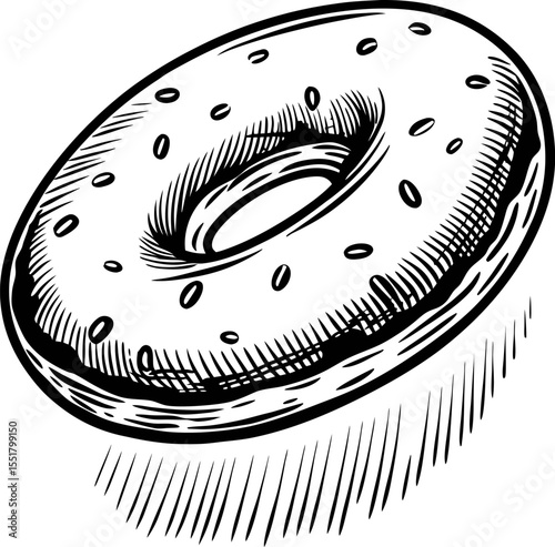 Hand drawn sketch of a classic donut with icing and sprinkles in vintage engraving illustration