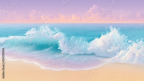 Dawn waves breaking on a shoreline nature landscape soft ambient ocean tranquil environment serene viewpoint