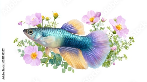 Guppy fish illustration surrounded by colorful flowers soft watercolor art nature setting vibrant aesthetic