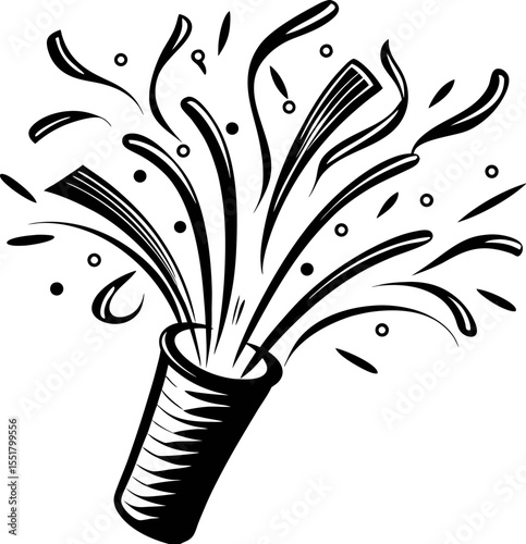 Hand drawn sketch of bursting confetti popper with flying ribbons and streamers in black and white