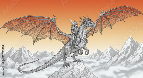 Knight and Dragon Soaring Above Majestic Mountains Fantasy Illustration