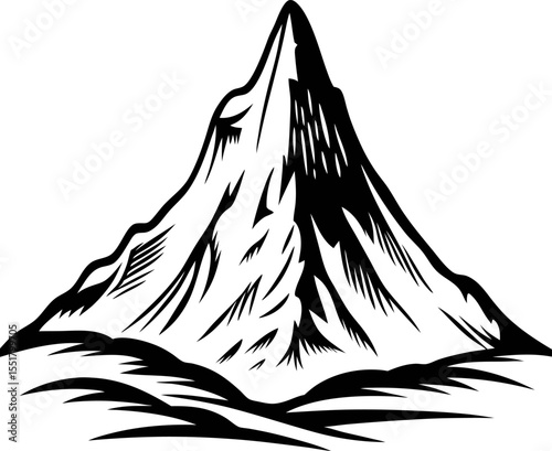 Hand drawn mountain peak illustration in black and white sketch isolated on white background