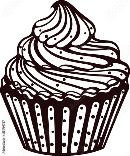 Monochrome illustration of cupcake with swirled frosting and polka dot wrapper isolated on white background