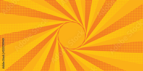 Bright orange-yellow gradient abstract background. Orange comic sunburst effect background with halftone. Suitable for templates, sales banners, events, ads, web, and pages