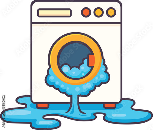 Washing machine water leak laundry appliance overflow blue cartoon home cleaning problem wet repair broken household equipment maintenance