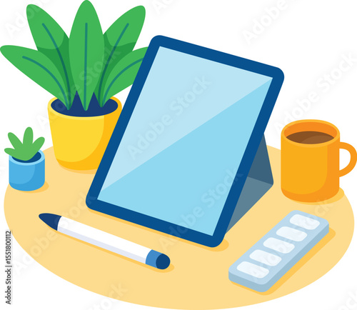Digital tablet, stylus, coffee cup, potted plant, succulent, and palette on desk create creative and productive workspace vibe