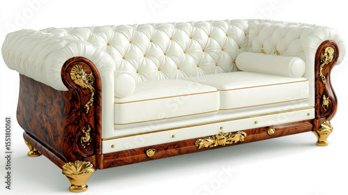 Elegant White Couch with Gold Accents and Detailed Upholstery Design