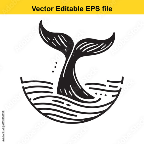 Whale Tail Rising from Ocean Waters Minimalist Black and White Design Emblem or Logo Suitable for Marine Conservation