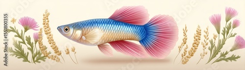 Charming guppy fish swimming in nature with flowing red and blue fins underwater viewpoint aquatic beauty