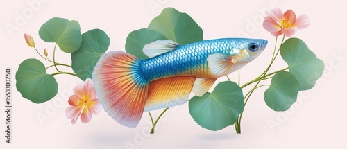 Graceful guppy swimming amidst lush greenery and delicate flowers serene aquatic scene abstract watercolor art
