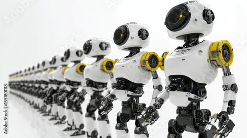 3D lineup of factory droids assembling hardware on white background
