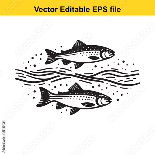 Monochrome Illustration of Two Trout Swimming Gracefully in Water with Bubbles Vector Editable EPS file for Commercial Use