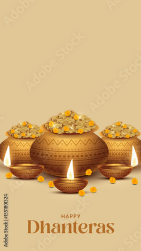 Happy Dhanteras - poster template design with gold coin in pot and decorative diya lamp. Vibrant Dhanteras festival design featuring gold coins.
