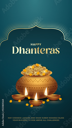 Happy Dhanteras - poster template design with gold coin in pot and decorative diya lamp. Vibrant Dhanteras festival design featuring gold coins.
