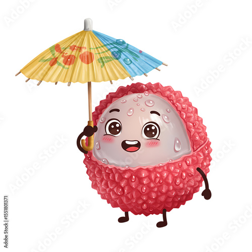 A Cheerful Lychee Character Under a Parasol isolated on transparent background