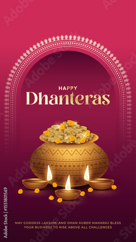 Happy Dhanteras - poster template design with gold coin in pot and decorative diya lamp. Vibrant Dhanteras festival design featuring gold coins.