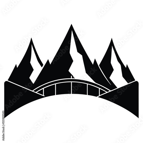 Illustration of mountain range with bridge in black and white silhouette