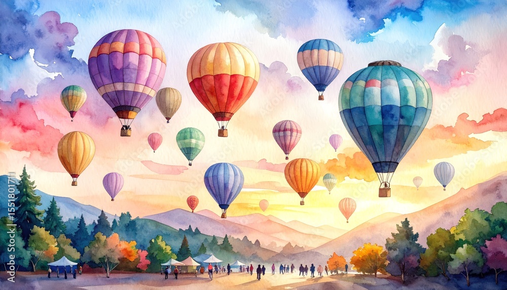 Fototapeta premium Watercolor painting, hot air balloons soaring over majestic mountains at sunrise