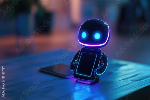 Adorable futuristic robot with glowing blue eyes and neon accents sits on a wooden table next to a smartphone