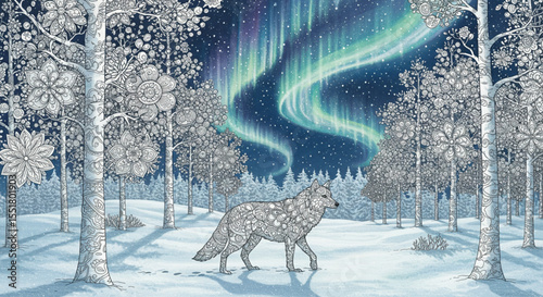 Enchanted Winter Forest Wolf Under the Aurora Borealis