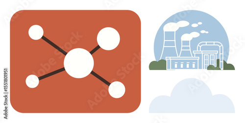 Industrial plant emitting smoke alongside a connection diagram representing energy flow and network systems. Ideal for energy, sustainability, technology, innovation, industry, connectivity