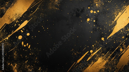 Abstract black and gold grunge background with paint splatters and strokes.