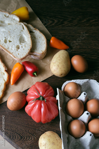 A rustic flat lay featuring slices of homemade artisan bread, fresh brown eggs in a carton, heirloom tomato, sweet peppers, and potatoes on a wooden kitchen table. Natural light and cozy.