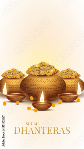 Happy Dhanteras - poster template design with gold coin in pot and decorative diya lamp. Vibrant Dhanteras festival design featuring gold coins.