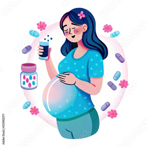 Pregnant woman taking prenatal vitamins isolated on transparent background