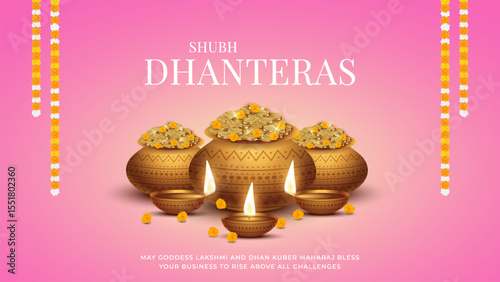 Happy Dhanteras - poster template design with gold coin in pot and decorative diya lamp. Vibrant Dhanteras festival design featuring gold coins.