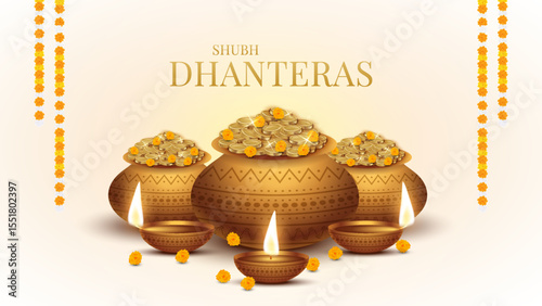 Happy Dhanteras - poster template design with gold coin in pot and decorative diya lamp. Vibrant Dhanteras festival design featuring gold coins.
