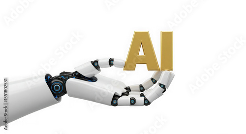 Robot hand holding golden ai letters against a stark transparent background view