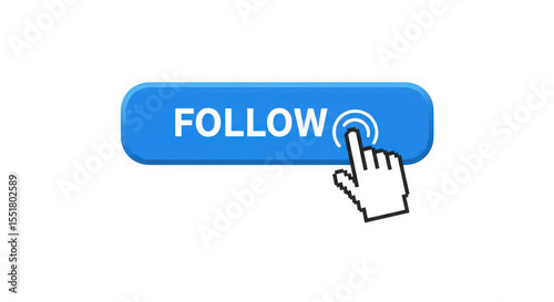 A blue follow button with a cursor clicking on it against a transparent background