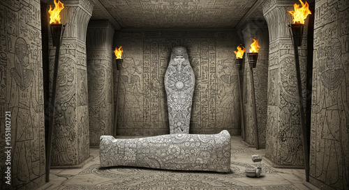 Ancient Egyptian Tomb Sarcophagus and Hieroglyphs Illustration