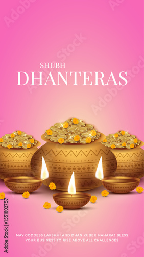 Happy Dhanteras - poster template design with gold coin in pot and decorative diya lamp. Vibrant Dhanteras festival design featuring gold coins.