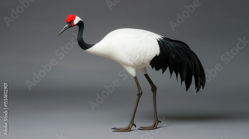 Elegant Japanese Crane with Red Crown Posing Gracefully on Gray Background