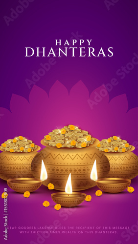 Happy Dhanteras - poster template design with gold coin in pot and decorative diya lamp. Vibrant Dhanteras festival design featuring gold coins.