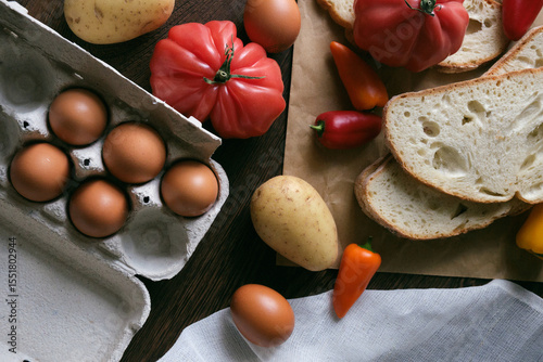 A rustic flat lay featuring slices of homemade artisan bread, fresh brown eggs in a carton, heirloom tomato, sweet peppers, and potatoes on a wooden kitchen table. Natural light and cozy.