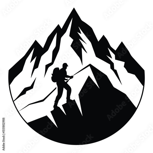 Silhouette of hiker climbing mountain inside circular frame