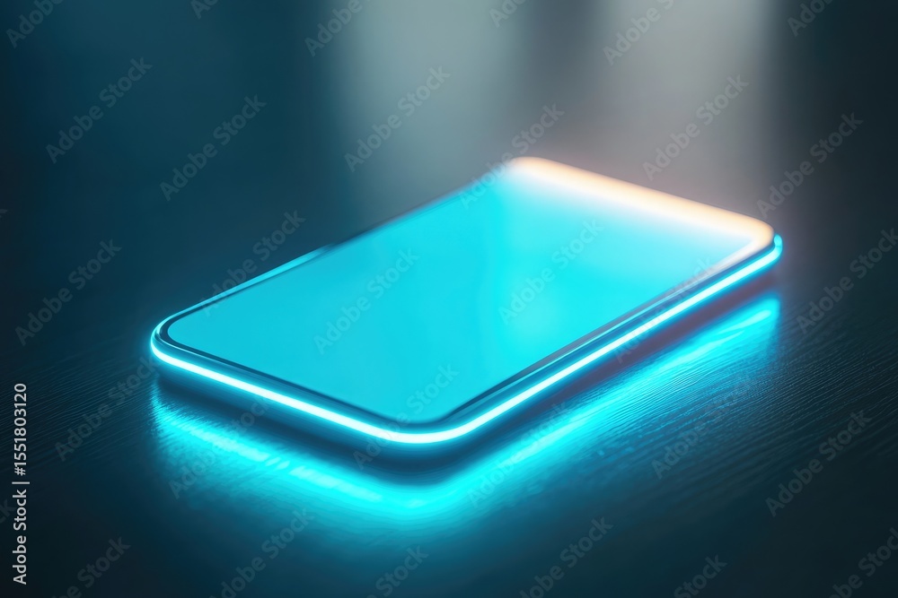 Modern smartphone with a glowing blue light outline on a dark surface Modern smartphone with a glowing blue light outline on a dark surface