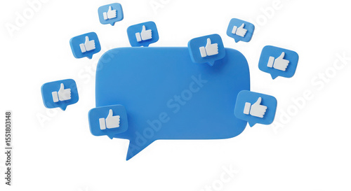Blue speech bubble surrounded by thumbs up icons on a transparent background