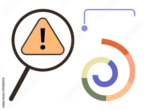 Magnifying glass over warning sign, circular chart, and dropdown icon. Ideal for risk management, analysis, strategy, decision-making, caution safety business adaptability. Simple flat metaphor