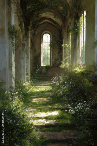 Inside view of abandoned palace. Ceiling, walls and floor covered with lush vegetation.