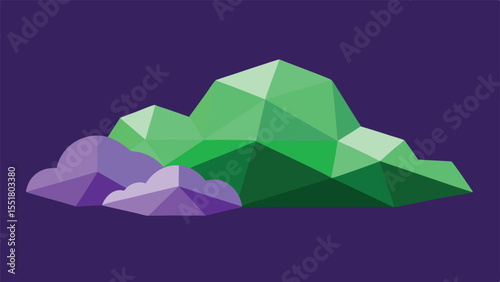Geometric cloudscape illustration in vibrant green and purple colors with polygonal shapes