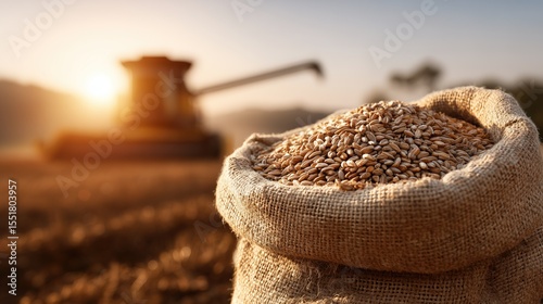 Harvest Time: Sack of Grain and Combine Sunset in Field agricultural scene photo