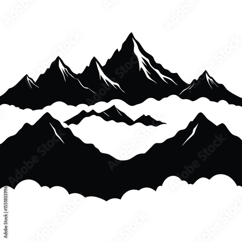 A black and white illustration of mountains and clouds below silhouette